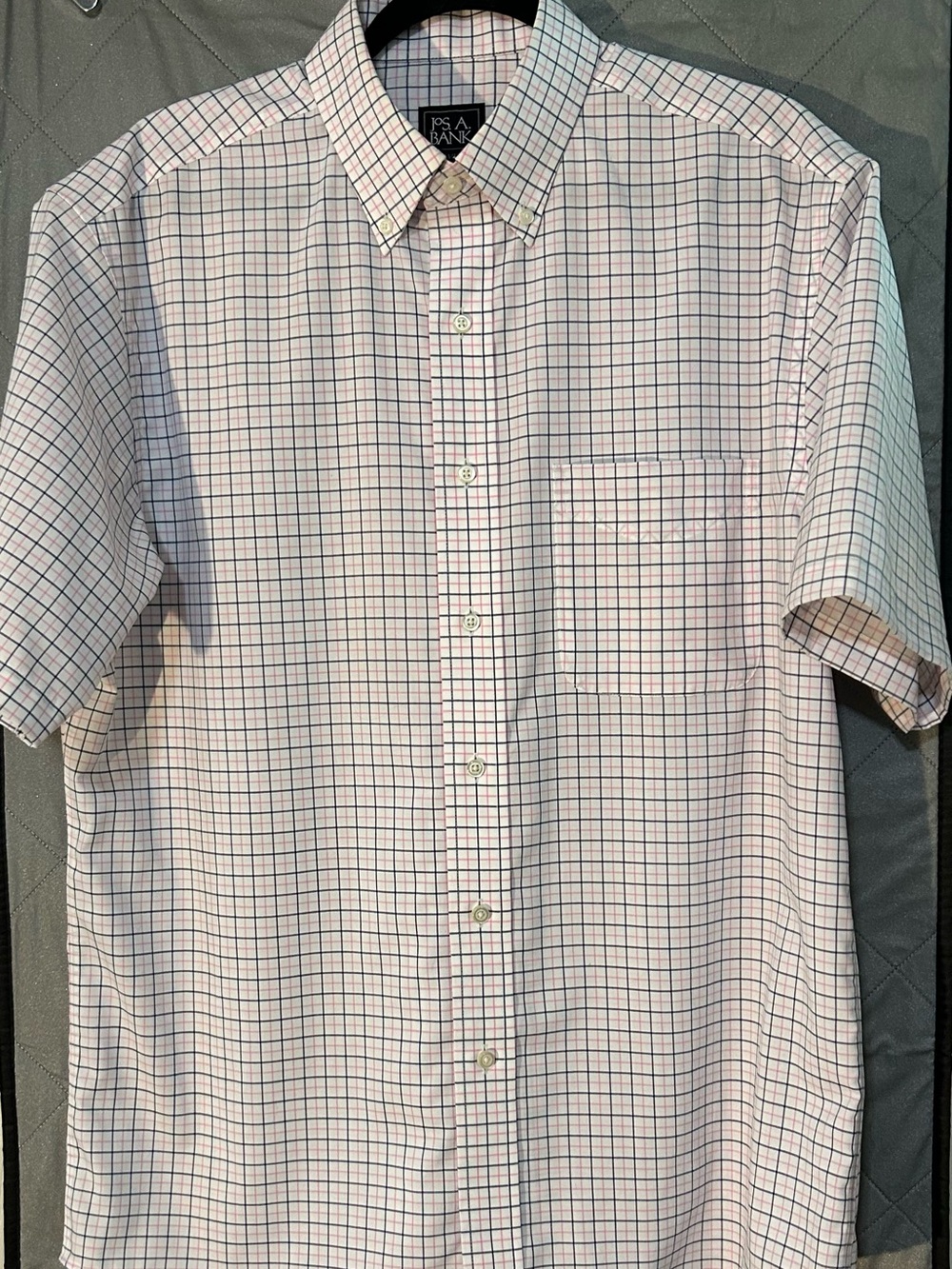 Jos. A. Bank Short Sleeve Button-Down Plaid Shirt in White, Blue & Pink